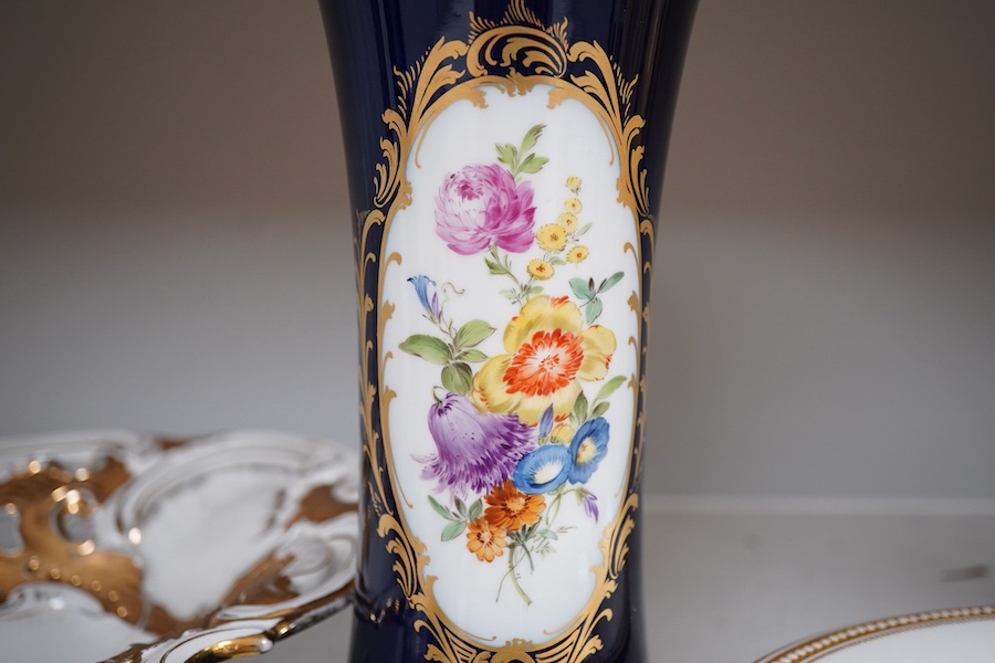 A collection of Meissen and other German porcelain vases and dishes etc. and a Worcester comport, tallest 34cm